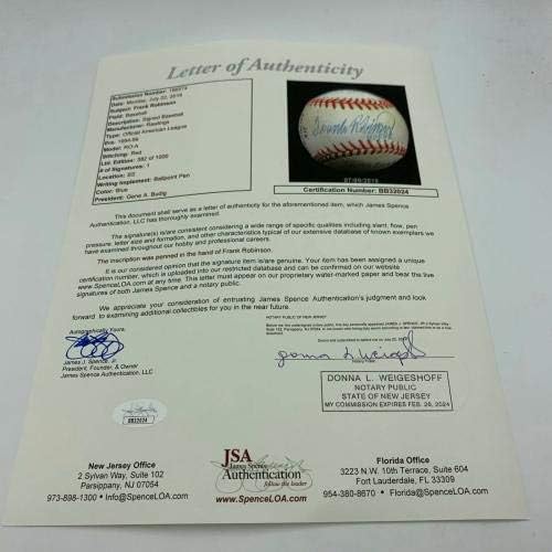 נדיר פרנק רובינסון חתם בבייסבול סטטס בכתובת קריירה עם JSA COA - כדורי בייסבול עם חתימה