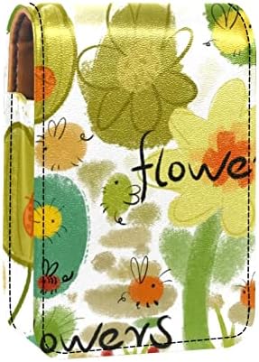 תיק איפור של אוריוקאן מיני עם מראה, מארז שפתון עור מצמד ארנק, פרחים ירוקים מצוירים אביב דבורה מקסימה