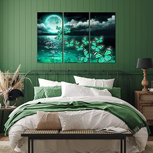 ירח מלא מעל אוקיינוס בד אמנות טורקיז ירוק פרפר תמונה הדפסי קיר תפאורה לחדר שינה מודרני 3 חתיכות יצירות אמנות ממוסגר לבית