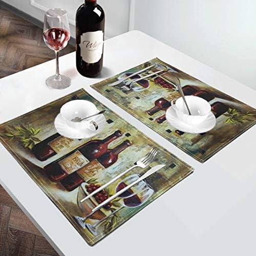 בציר יין בקבוק זכוכית ענבים ציור מפיות שולחן מחצלות סט של 6, חום עמיד רחיץ נקי מטבח מקום מחצלות עבור אוכל שולחן קישוט