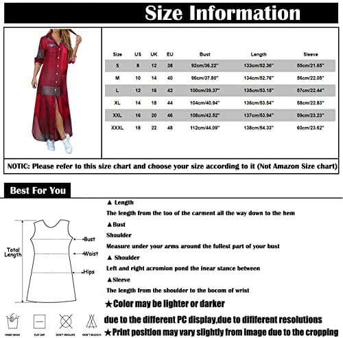 חצאיות פרגיות לנשים אורך MIDI, אופנה נשים מזדמן רופף סקסיות סקסיות שרוול ארוך כיס חולצה שמלה להדפס