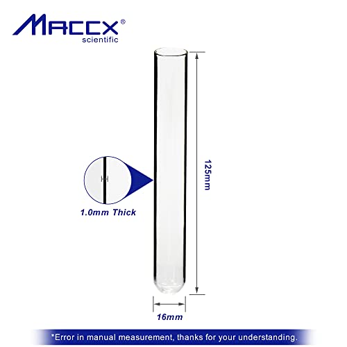 MACCX 14 מל צינורות בדיקת זכוכית יציבה, 16x125 ממ, חבילה של 50, חומר זכוכית בורוסיליקט, TTG014-050