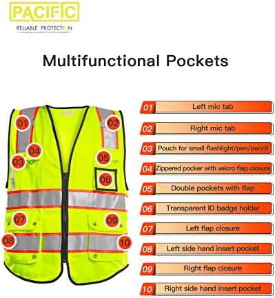 פסיפיק PPE 10 כיסים נראות גבוהה ואפוד בטיחות קדמית עם רוכסן עם רצועות רפלקטיביות, עומד בסטנדרט ANSI/ISEA, בינוני, צהוב