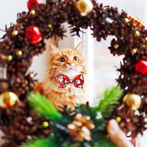 2 מארז חג המולד חתול צווארון עם עניבת פרפר ופעמון, חג סנטה קלאוס קולרים עבור קיטי חתלתול בני בנות זכר נקבה חתולים