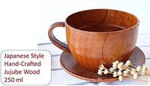 מתנה פרימיום קלאסי - ספל קפה מעץ בעבודת יד טבעית, סגנון יפני לכוס קפה/תה או קערת מרק עם ידית וצלוחית עץ 250 מל